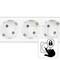 Double socket with child safety feature, indicated by a lock symbol. A hand is pointing to the safety function.