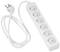 A white power strip with six Schuko sockets and an attached cable.