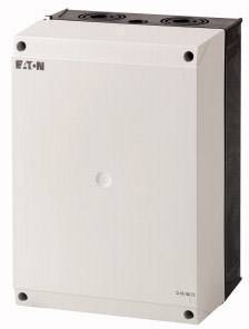 A rectangular, white enclosure with the 'Eaton' logo in the top left corner. Internal components not visible.