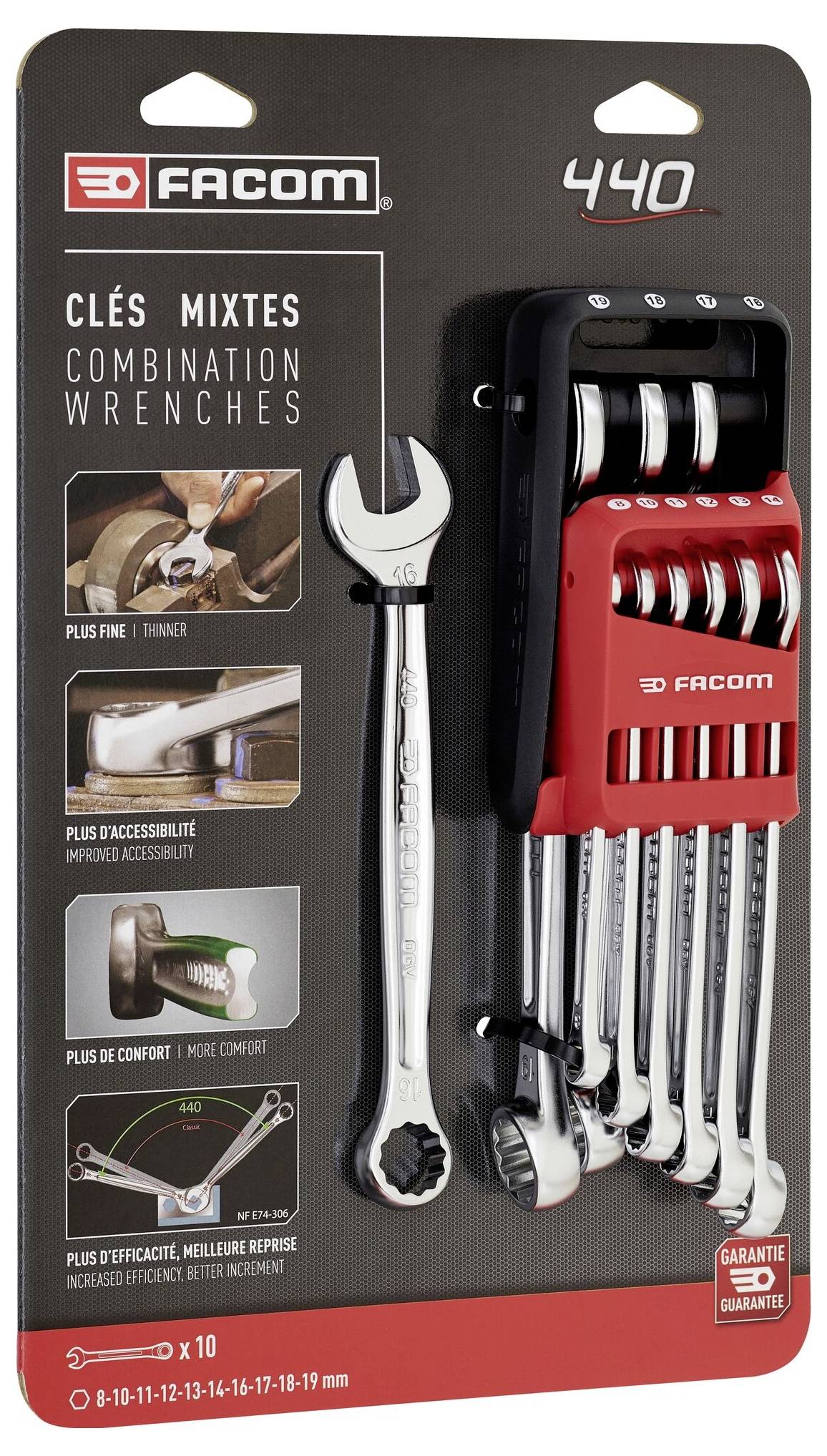 'Set of 10 FACOM ring spanners in red holder, sizes 8 to 19 mm, pictured on black packaging. Includes image of a spanner in use.'
