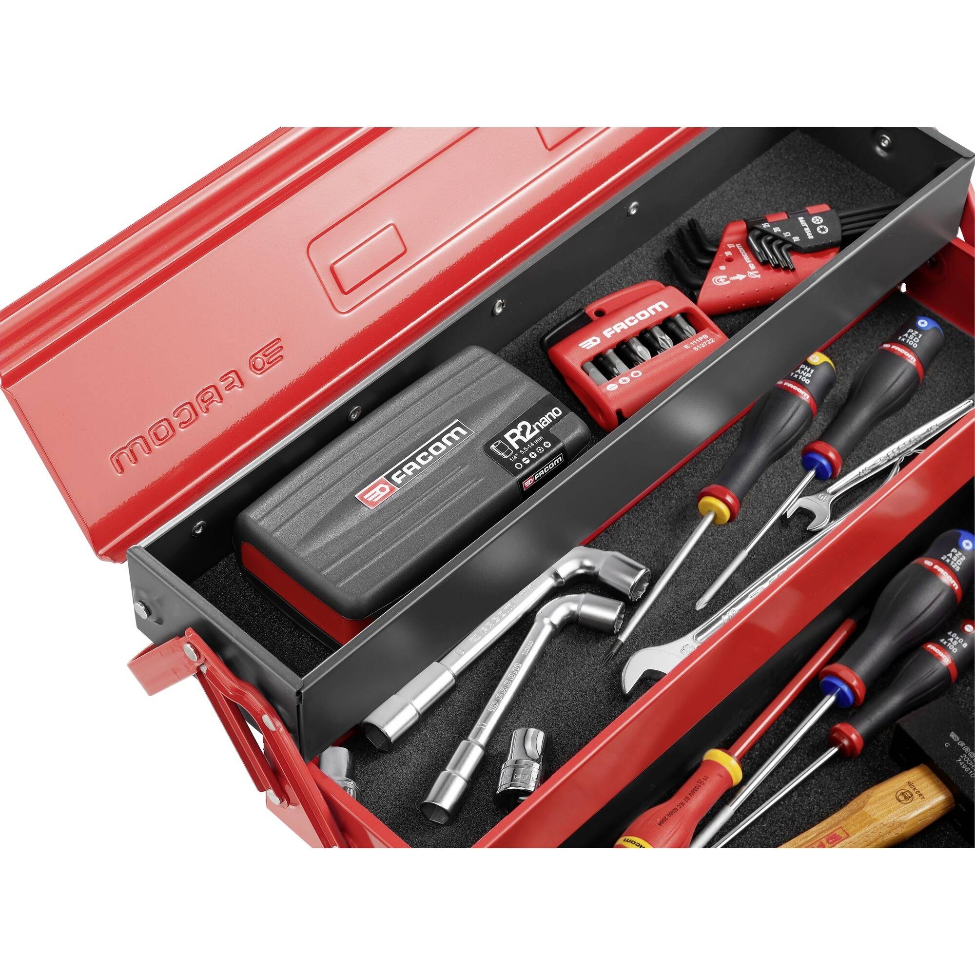 Red toolbox with various tools such as screwdrivers, spanners and pliers, organised in compartments.