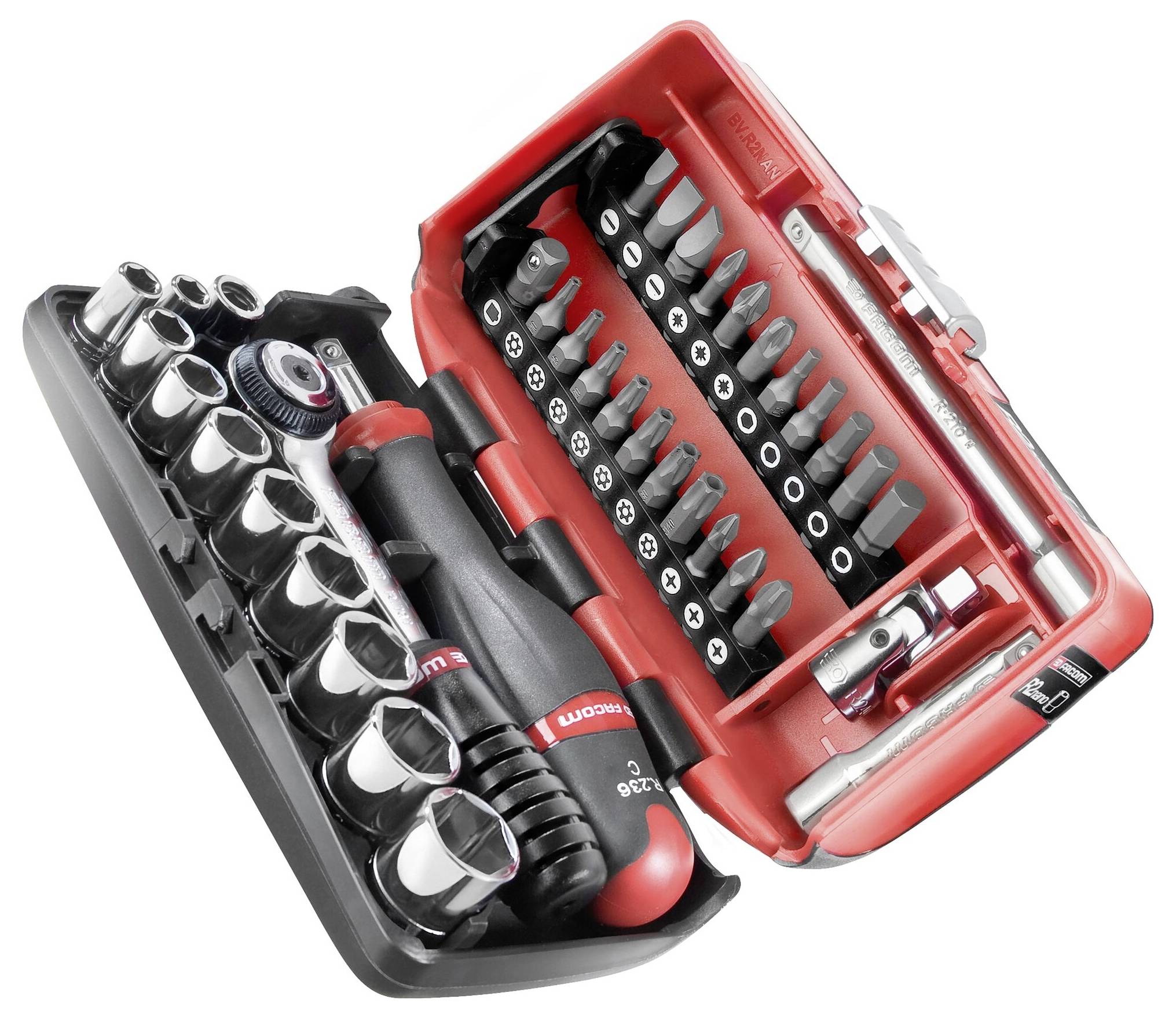 A screwdriver set with various bits and sockets in an open, red case, predominantly in black and red.