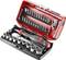 A tool set with various bits and socket wrenches in an open, red plastic case. Main tools: ratchet, bits.
