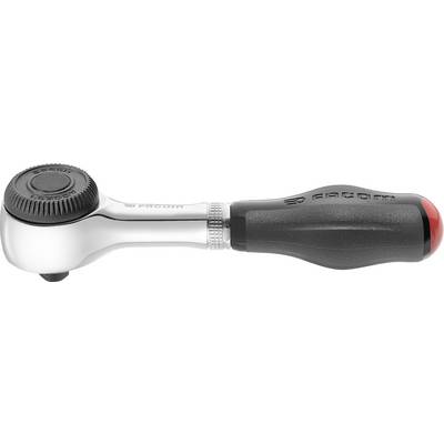 A chrome-plated ratchet spanner with a black ergonomic handle and red end, marked with 'Facom' along the handle.