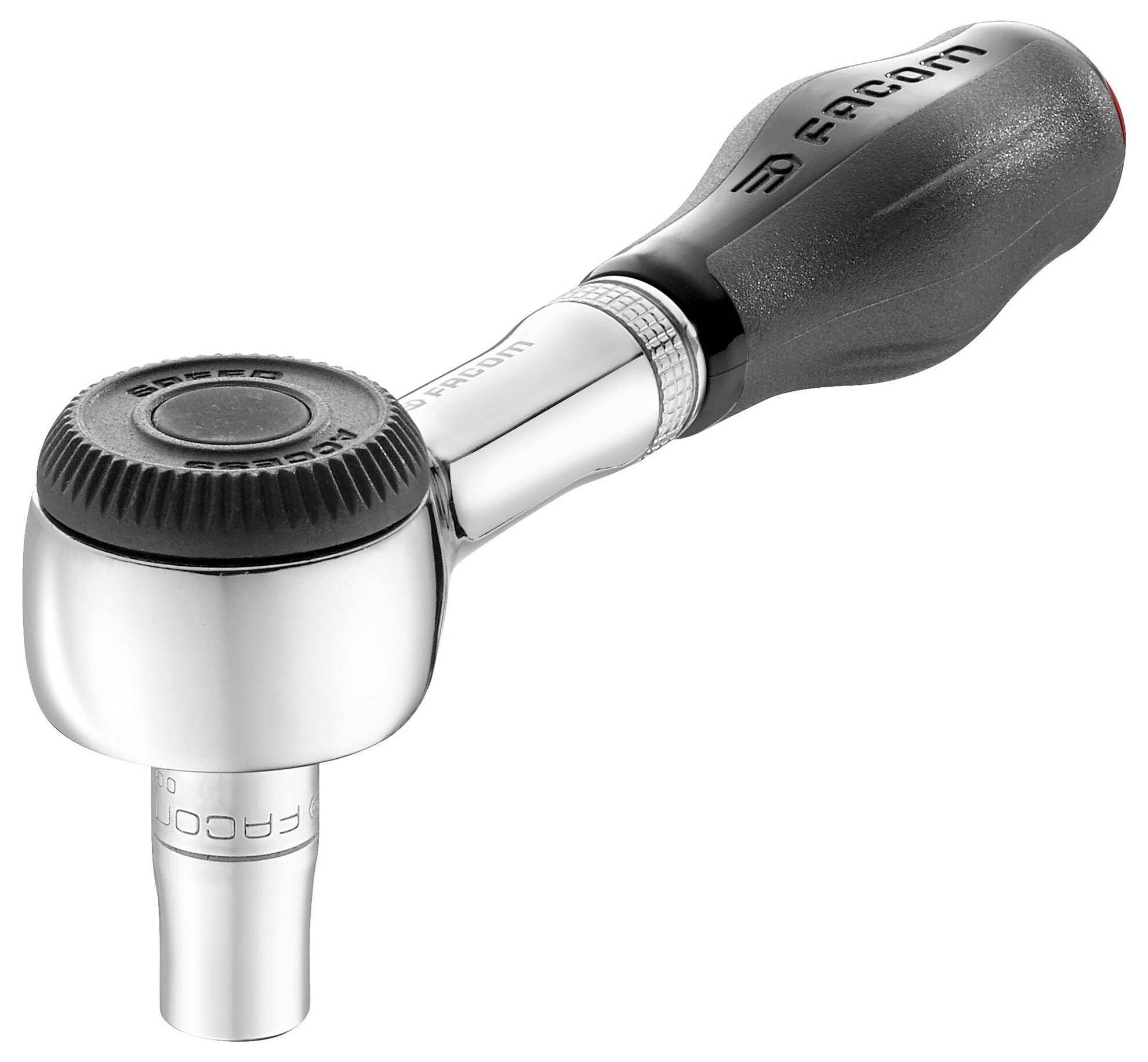 A silver torque wrench with a black handle and a round head, used for precisely tightening bolts.