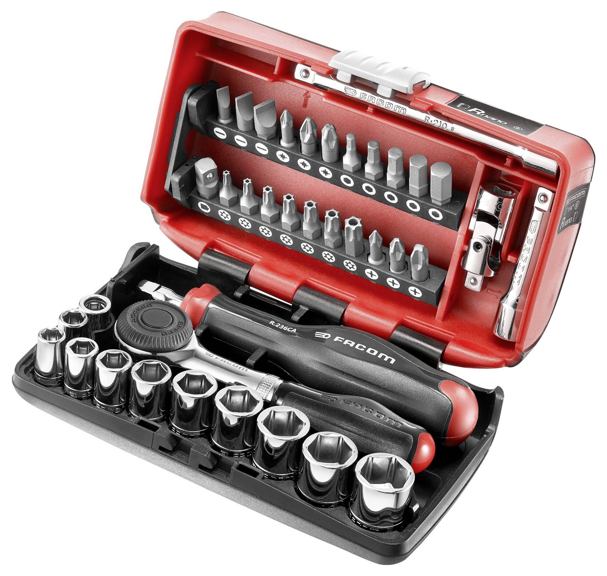 An open toolbox with various screwdrivers, bits and socket wrenches. Ideal for DIY work and repairs.