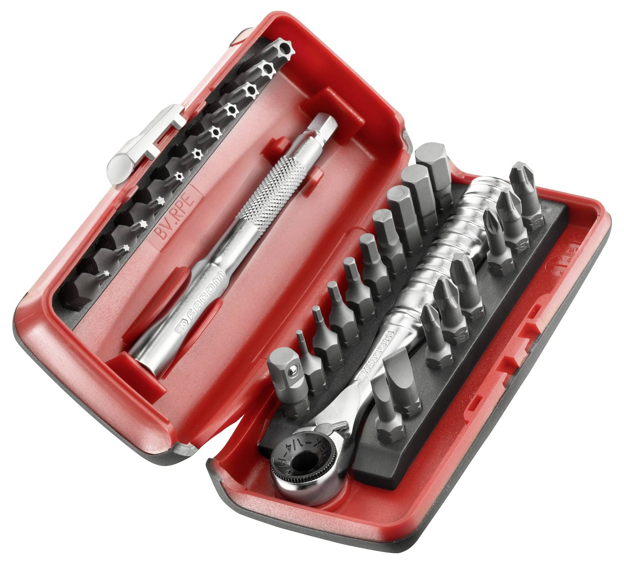 Red toolbox with open lid, containing various screwdriver bits and a ratchet, ready for use.
