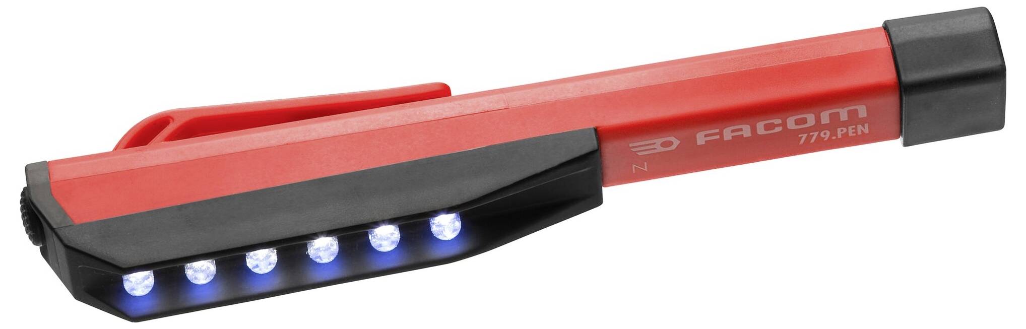 Red pen with black clip and six illuminating LED lights along the side.