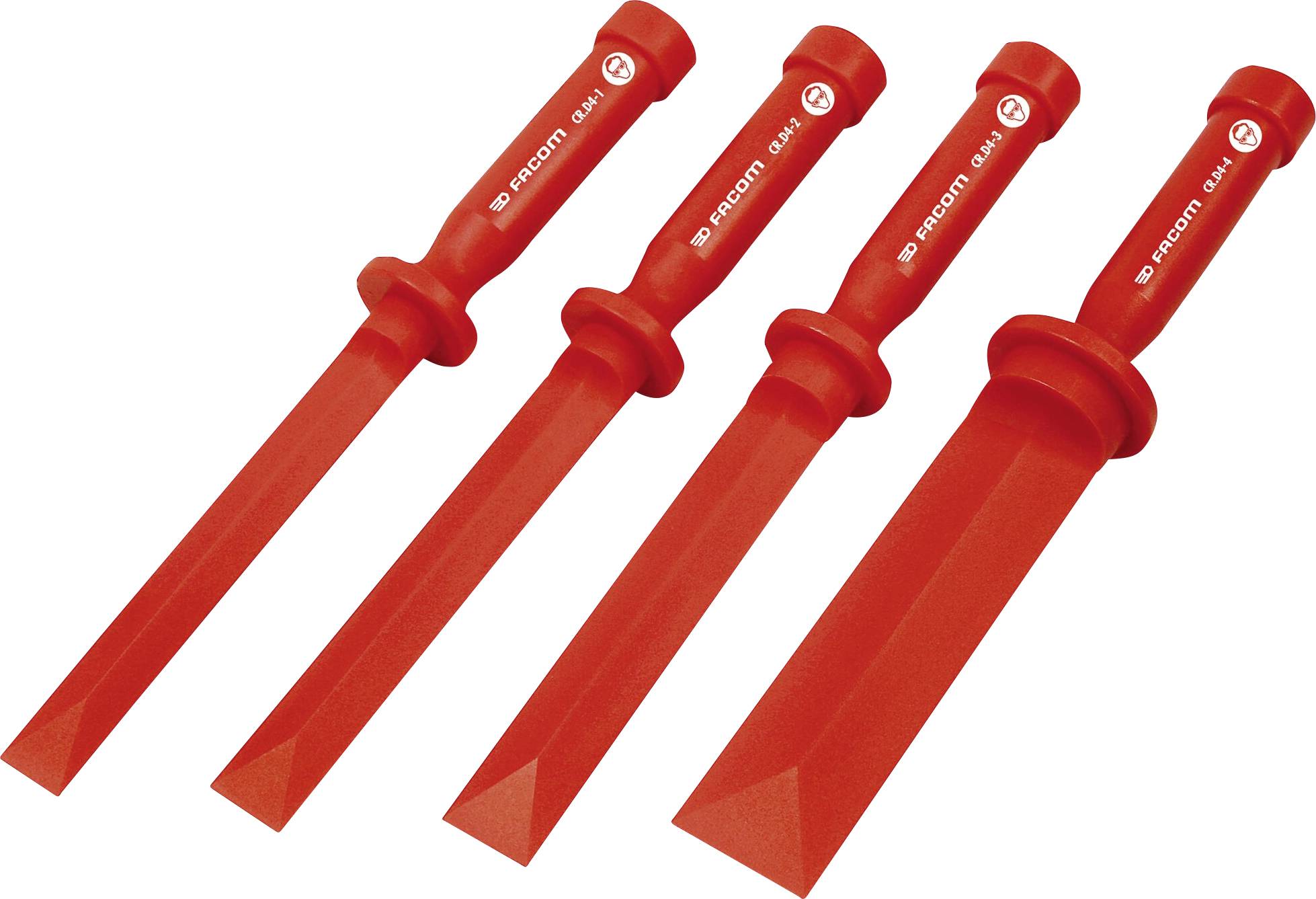 Four red chisels with insulated handles in various sizes, lying side by side. Suitable for electrical work.