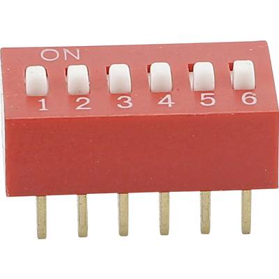 A red DIP switch with six white toggle switches, numbered from 1 to 6, with the first one set to 'ON'.