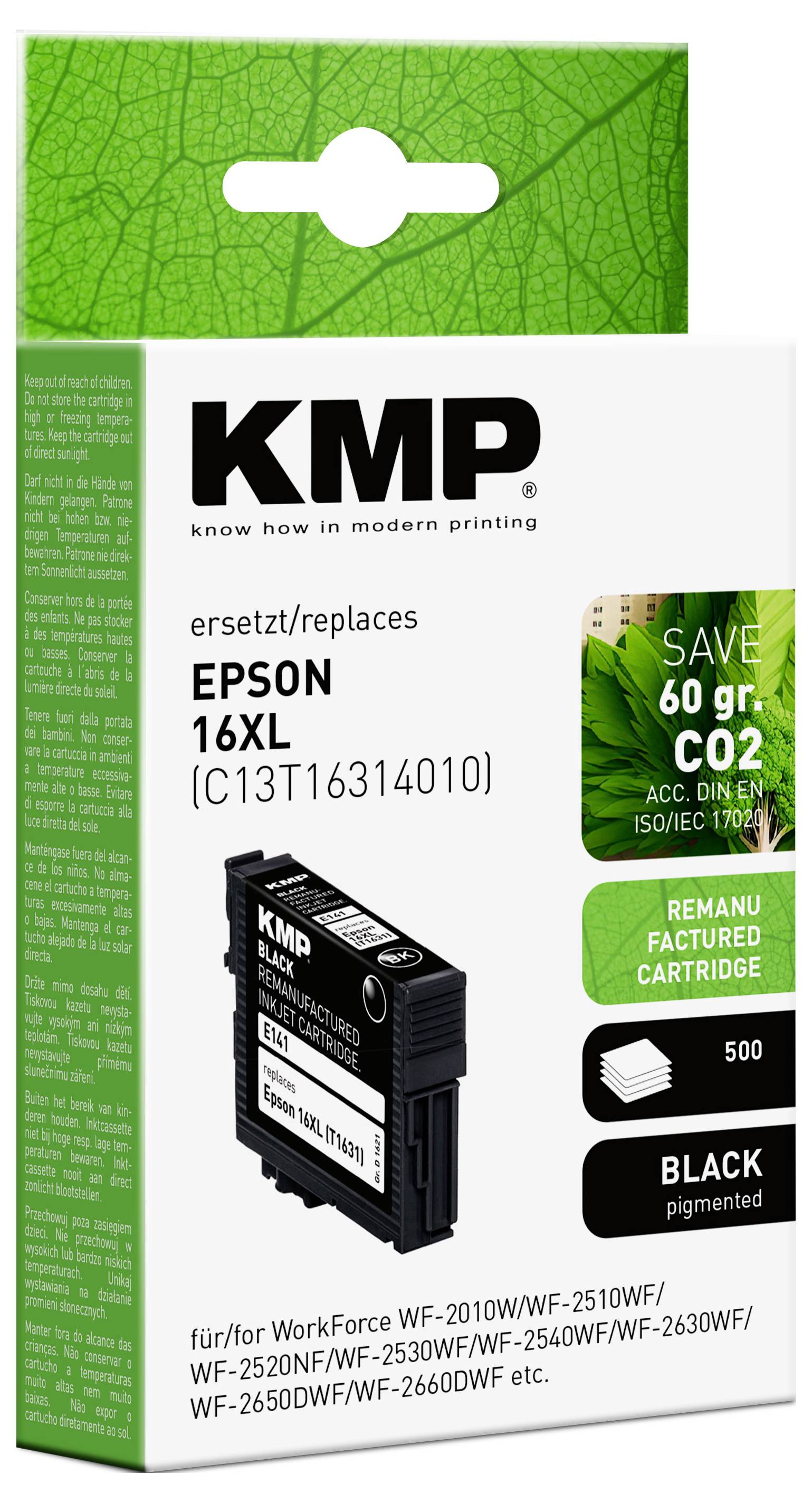 Packaging for KMP remanufactured black ink cartridge, replaces Epson 16XL. Highlights eco-friendly CO2 savings, contains 500 pages.