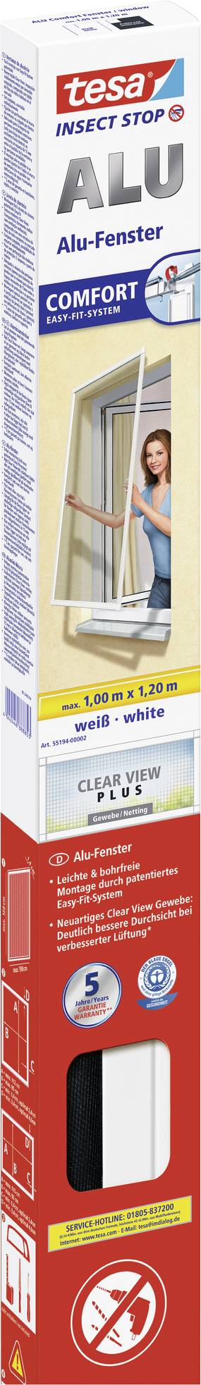 Packaging for a Tesa insect screen grid for aluminium windows. Depicted is a woman installing the grid. Dimensions: 130 x 150 cm.