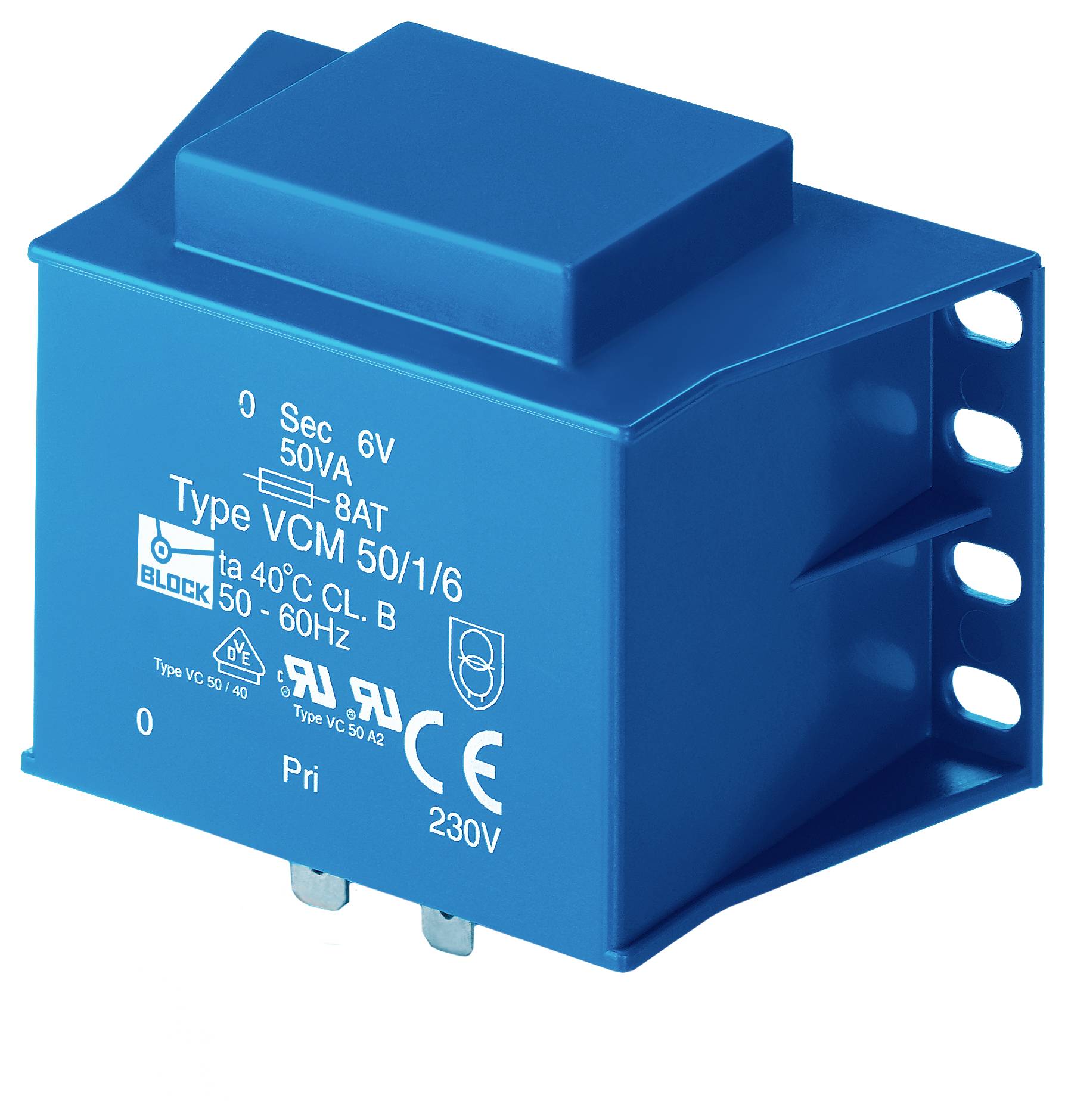 A blue electrical transformer labeled 'Type VCM 50/1/6', with specifications including '6V', '50VA', '40°C', and '230V'.