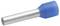 A blue insulated pin terminal used for electrical wiring, featuring a metal pin and a plastic casing for insulation.