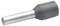 Close-up of a gray ferrule terminal connector with a metal sleeve used for crimping electrical wires.