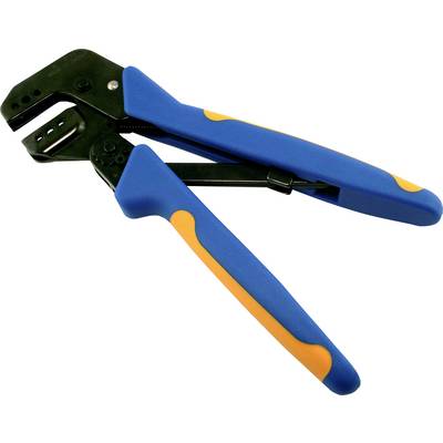 Blue-handled crimping tool with orange accents, used for connecting wires to terminals or connectors, positioned on a white background.