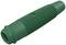 Green, ribbed garden hose connector or adapter, cylindrical in shape, for connecting sections of hose.
