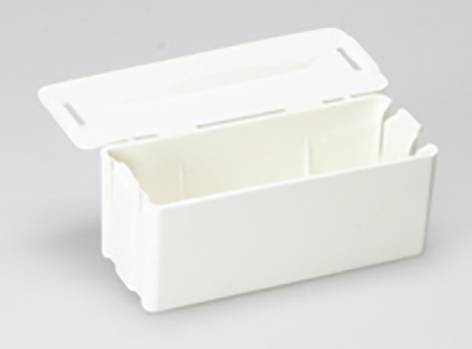 An open, rectangular, white container with a lid, placed on a surface.