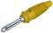 Yellow electrical banana plug with metal contact tip for connection in audio devices or speaker systems.