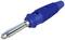 Blue banana plug with ribbed grip and metallic tip, used for electrical connections in audio and electronic devices.