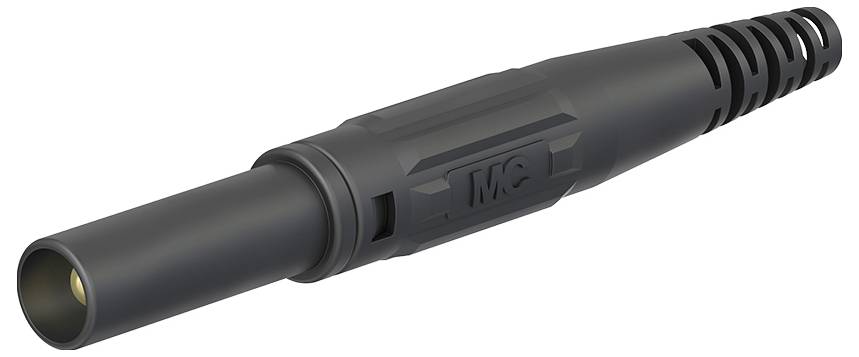 A black, cylindrical connector with a knurled grip, labelled 'MC4', used in solar installations.