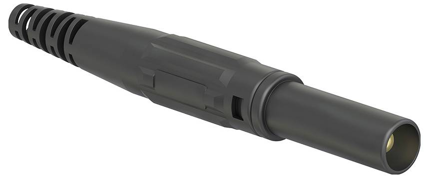 A black, cylindrical housing component, likely a technical part, with side ventilation slots and a smooth surface.