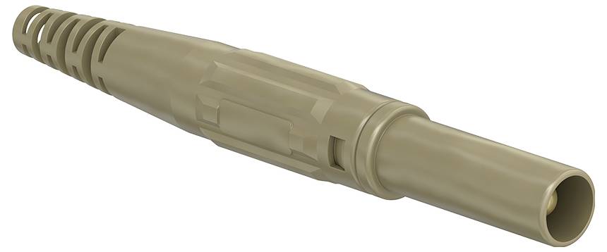 A beige plastic pipe with multiple side openings and a ring system at the end against a white background.