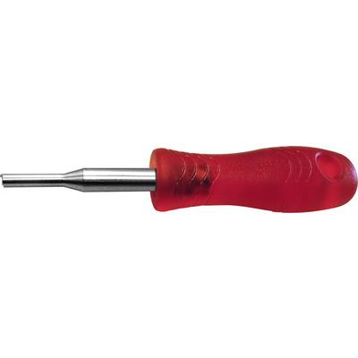 Red screwdriver with a textured handle and metal tip, positioned horizontally.
