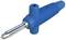 Blue banana plug with insulated sheathing and metal tip, featuring side and top connections for secure electrical connections.