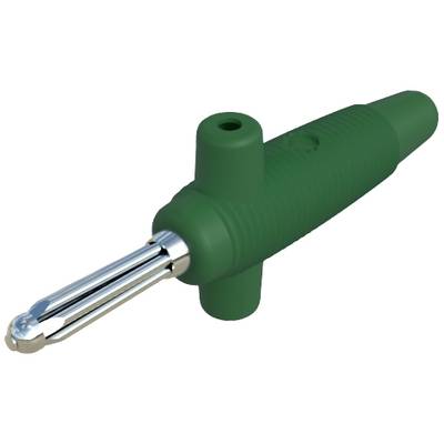 Green protective plug with a metal tip and two insulating sleeves, used for secure electrical connection.