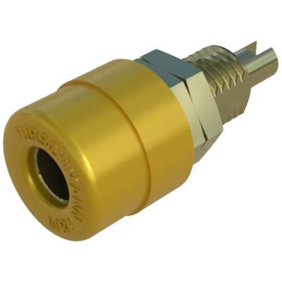 Yellow electrical connector plug with metal threading, marked with 'Hirschmann'.