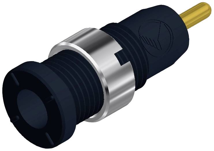 Plug with a black housing and metallic ring, used for electronic connections.