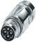 A metallic circular connector with multiple pins, typically used for industrial or electronic applications.