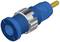 A blue coaxial connector with a round, silver metal casing and a yellow contact pin, used for electrical connections.