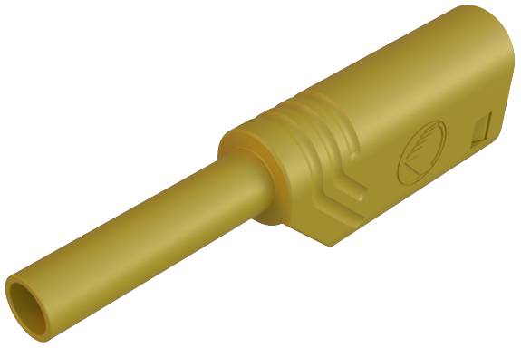 Golden electrical connector, cylindrical with a knurled grip and protruding connection piece.