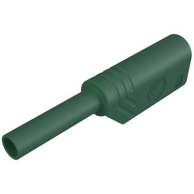 Green electric cylindrical connector viewed from the side, showing grooves for securing and a rectangular base.