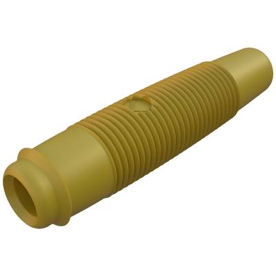 A yellow, elongated plastic component with a ribbed central section and a small round recess.