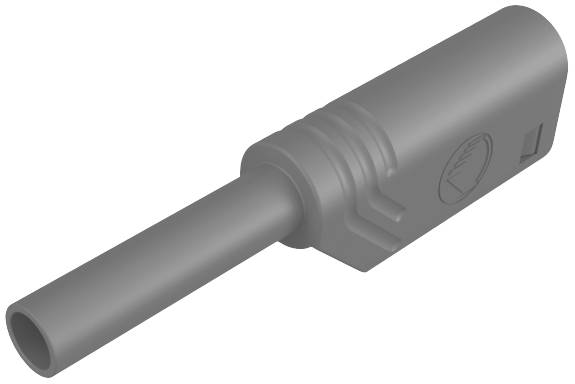 A grey electrical plug connector in cylindrical form, with a flat back and a round connection at the front.