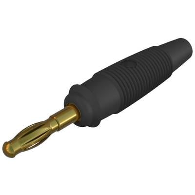 A gold-coloured banana plug with a black, ribbed handle is shown. It is used for electrical connections in audio equipment.