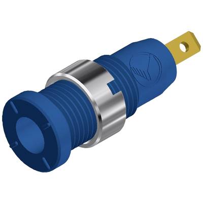 Blue cylindrical plug with metal ring and yellow connector. Side view with recessed symbol on the surface.