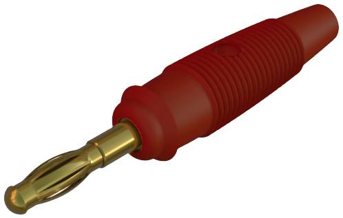 Red, ribbed banana plug with a gold metal tip, typical accessory for electrical connection in audio systems.