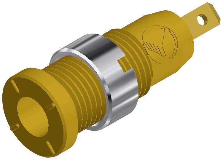 Metal switch with a yellow plastic housing, round head and side connection, suitable for electrical circuits.