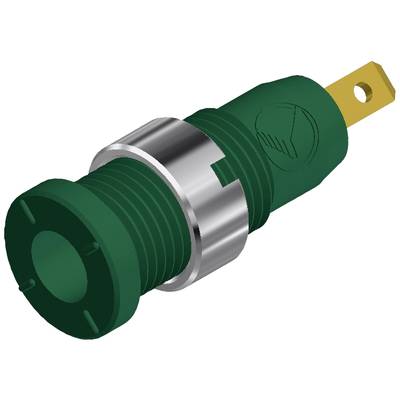 A green plastic socket with a metal ring, suitable for electrical connections.