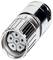 Connector with a metallic housing and five golden contact pins for electronic connections.