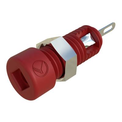 Red isolated banana plug with ribbed plastic grip and metal termination, suitable for electrical connections.