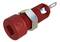 Red isolated banana plug with ribbed plastic grip and metal termination, suitable for electrical connections.