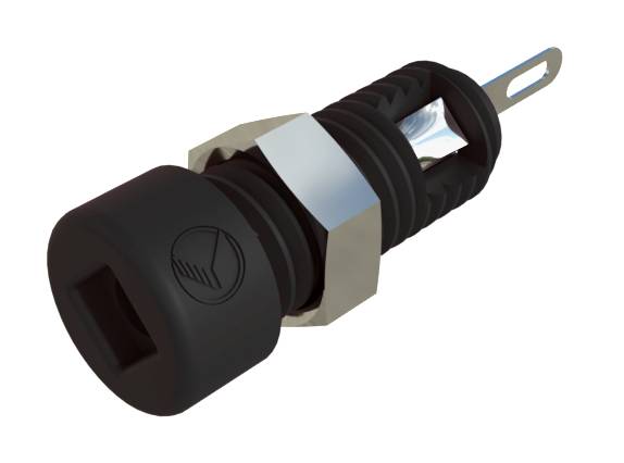 'Black fuse holder with metal clips and symbolic markings on the side, for securing electrical circuits.'