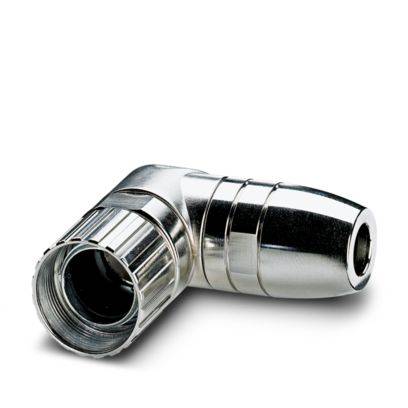 Metallic angle adaptor, primarily cylindrical, for connecting cables or hoses in technical applications.
