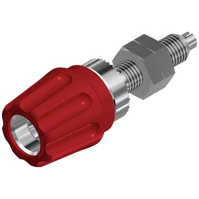 Red, ribbed protective cap on a silver metal threaded screw fitting. Technical component for machinery or vehicles.