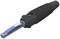 A black, ribbed handle with a long, curved metal blade.